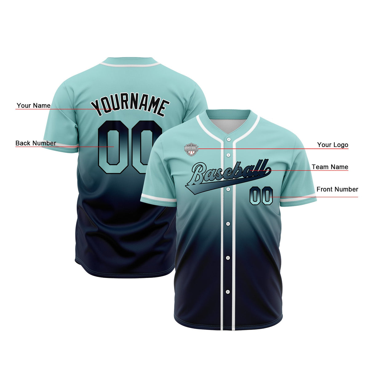 Camisetas de béisbol personalizadas con degradado nombre número y logotipo