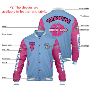 Chaquetas universitarias personalizadas en azul pálido y rosa para hombres & mujeres y jóvenes & Chaquetas tipo Letterman personalizadas