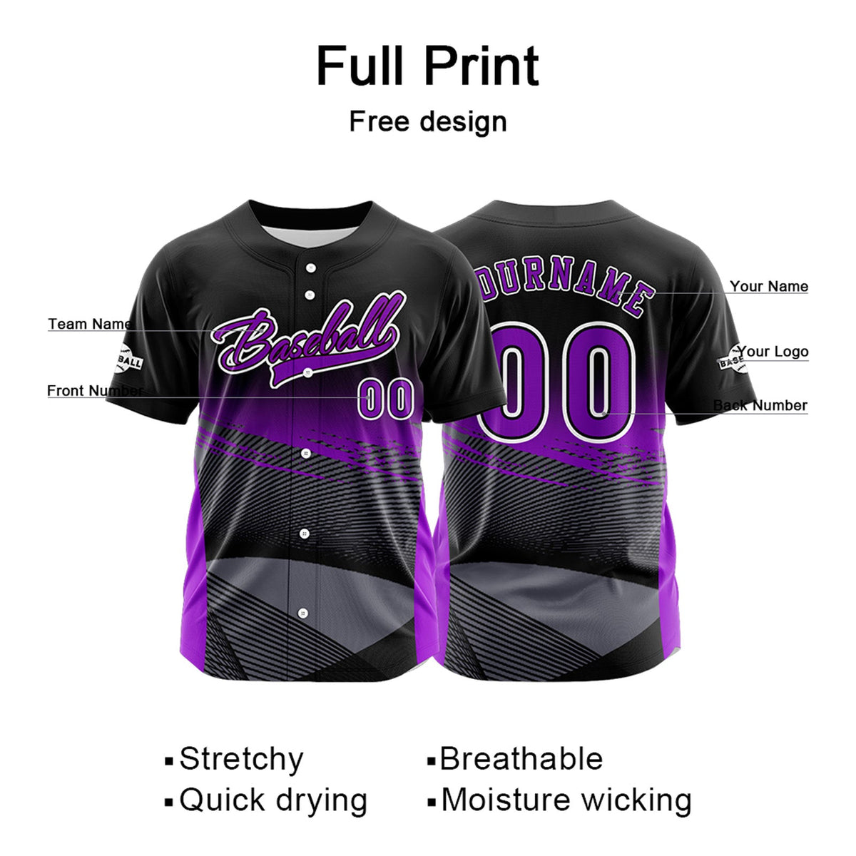 Camiseta de béisbol morada personalizada con botones para hombre mujer adulto y joven Estampado de nombre número y logotipo