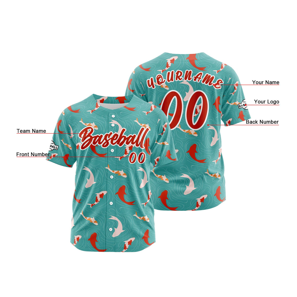 Camiseta de béisbol personalizada color turquesa con botones para hombre mujer adulto y joven Estampado de nombre número y logotipo