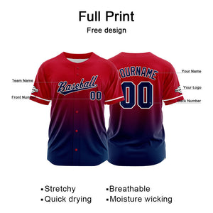 Camiseta de béisbol con dise?o personalizado estampado completo color rojo y azul marino