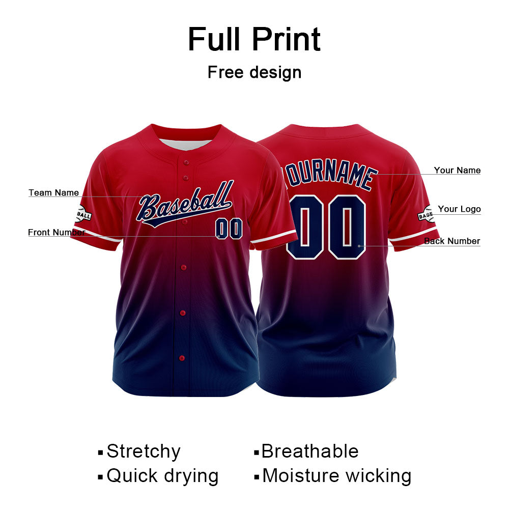 Camiseta de béisbol con dise?o personalizado estampado completo color rojo y azul marino