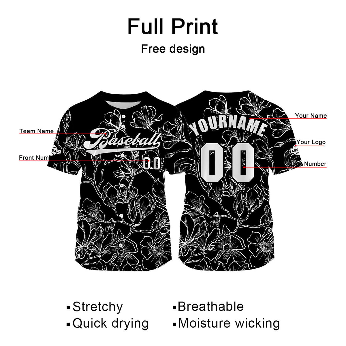Camiseta de béisbol negra personalizada con nombre número y logotipo personalizados