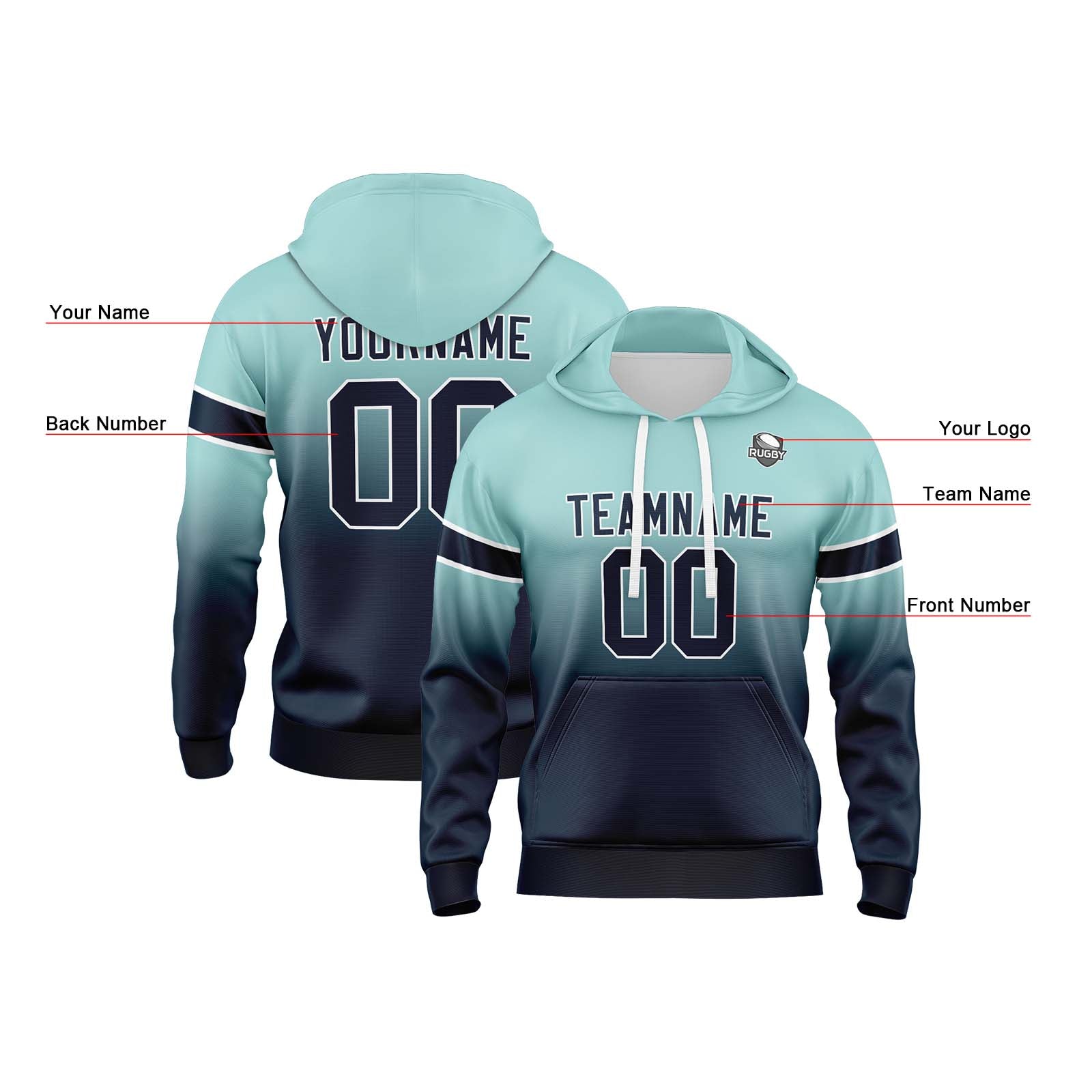 Sudadera con capucha personalizada con degradado para hombre-mujer-niña o niño Estampa tu logotipo-nombre y número en color verde azulado claro y azul marino