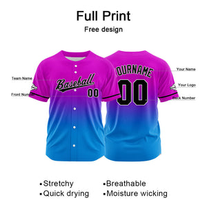 Dise?o personalizado de camiseta de béisbol con estampado completo en rosa morado y azul