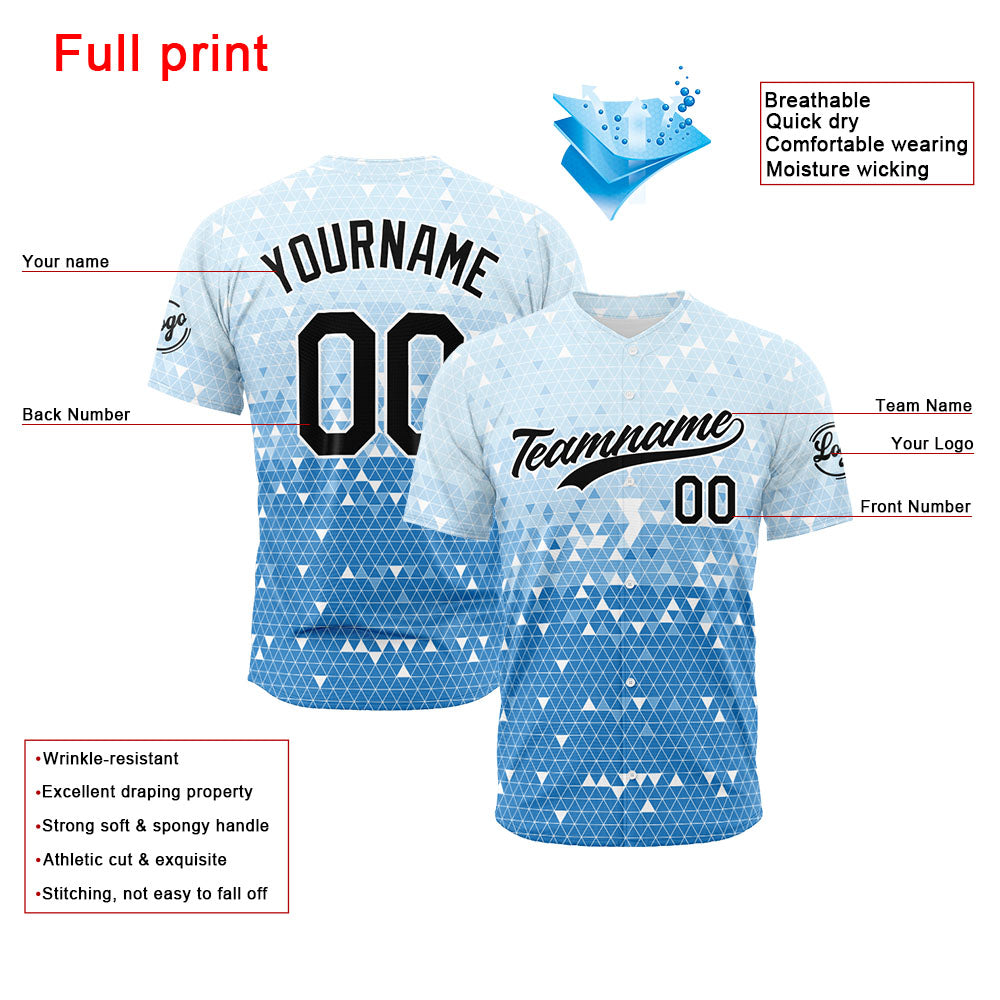 Camiseta de béisbol azul con dise?o personalizado estampado completo