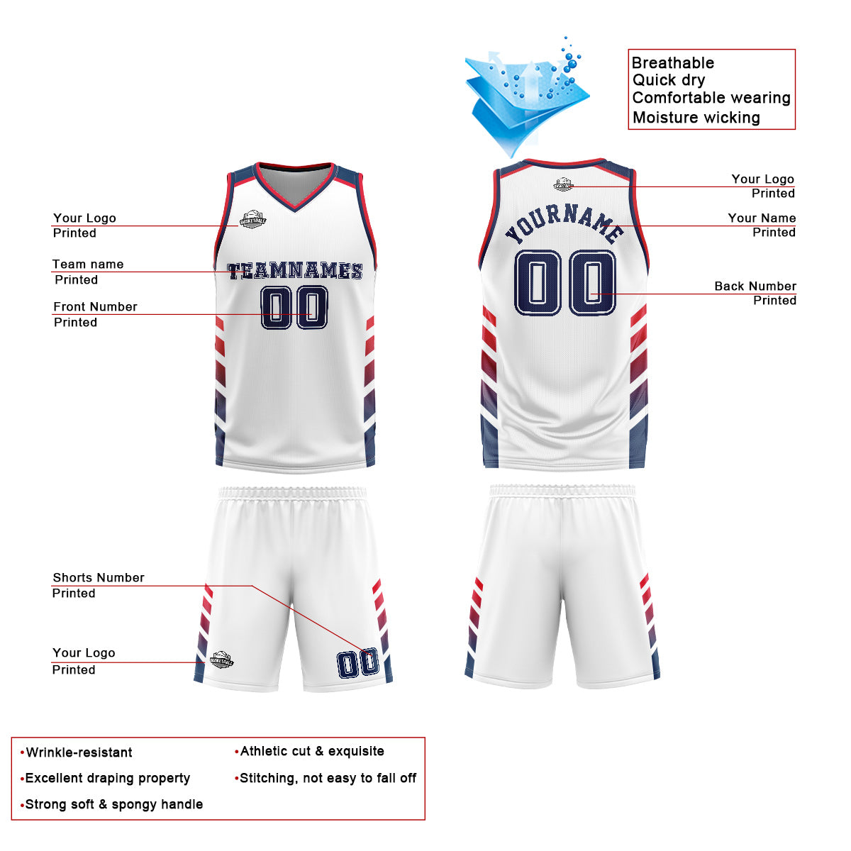 Uniforme de baloncesto personalizado blanco y azul con tu logotipo-nombre y número impresos