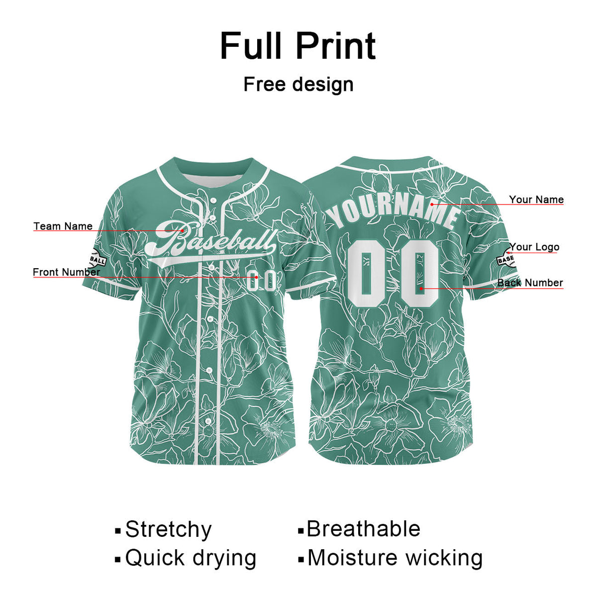 Camiseta de béisbol verde personalizada con nombre número y logotipo personalizados