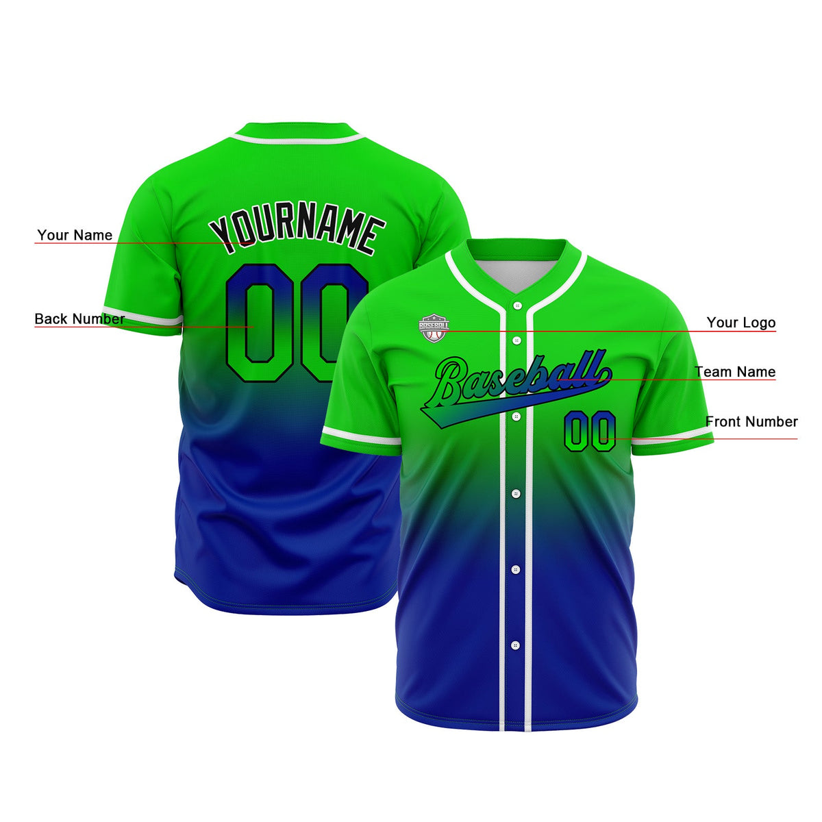 Camisetas de béisbol personalizadas con degradado nombre número y logotipo