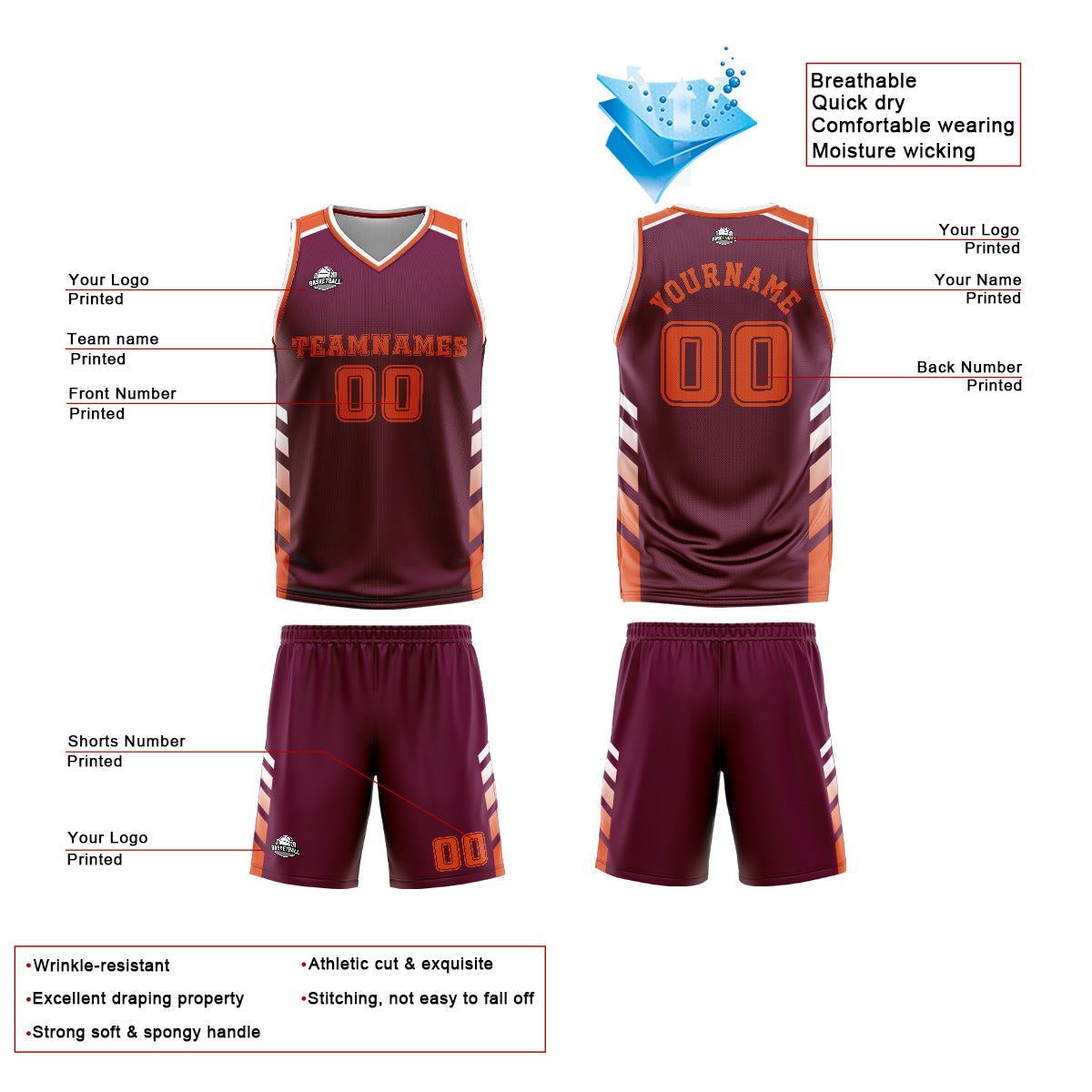 Uniforme de baloncesto personalizado rojo y naranja con tu logotipo-nombre y número impresos
