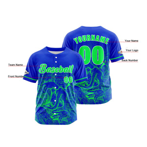 Camiseta de béisbol personalizada azul y verde con botones para hombre mujer adulto y joven Estampado de nombre número y logotipo
