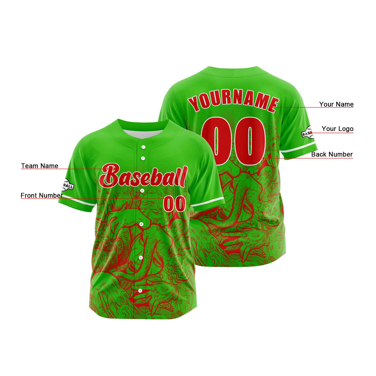 Camiseta de béisbol verde personalizada con botones para hombre mujer adulto y joven Nombre número y logotipo impresos