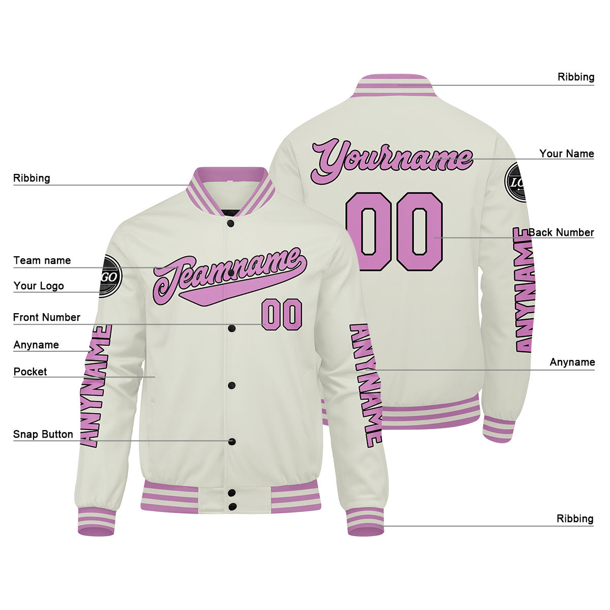 Chaquetas universitarias personalizadas color crema y rosa para hombres & mujeres y jóvenes & Chaquetas Letterman personalizadas