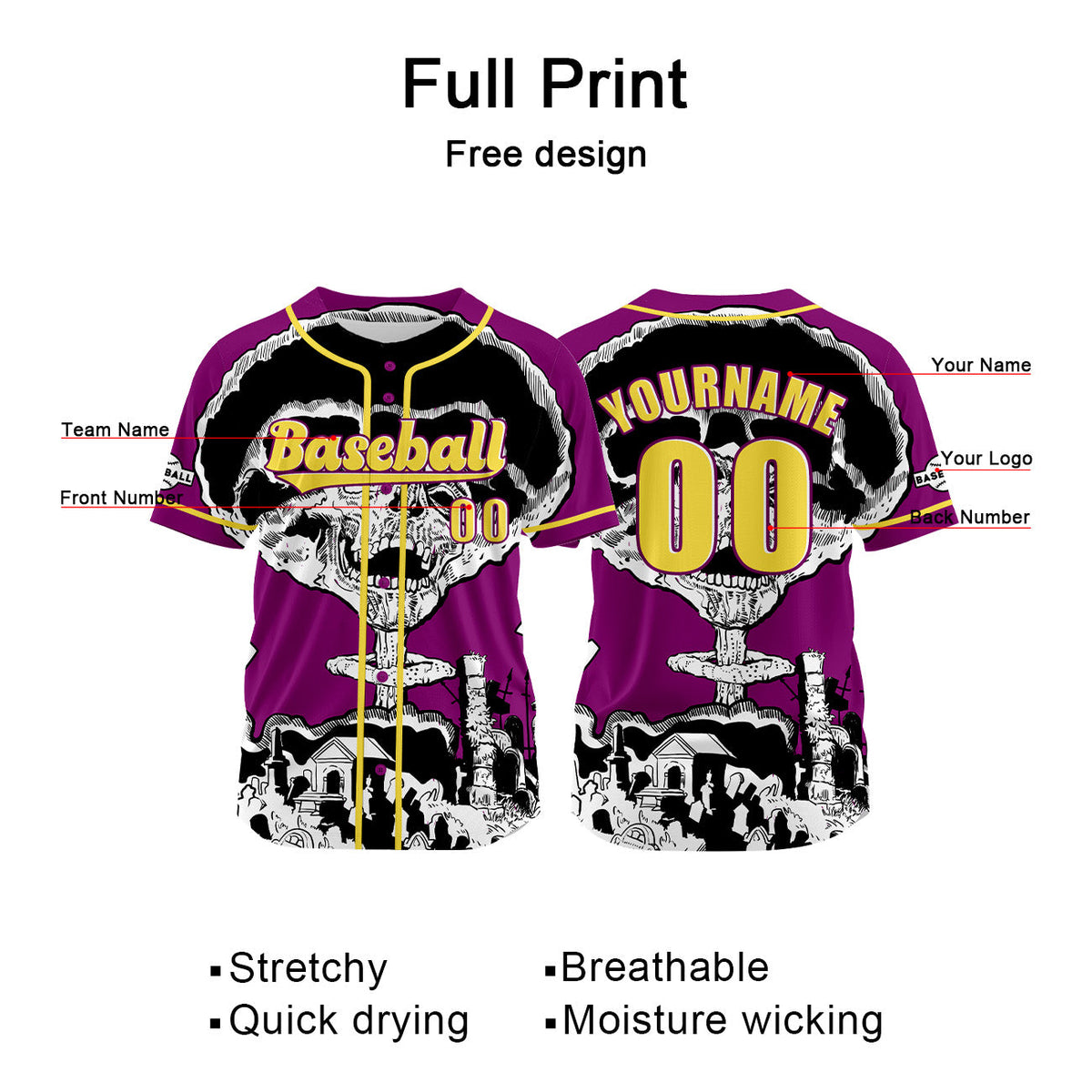 Camiseta de béisbol morada personalizada con nombre número y logotipo personalizados