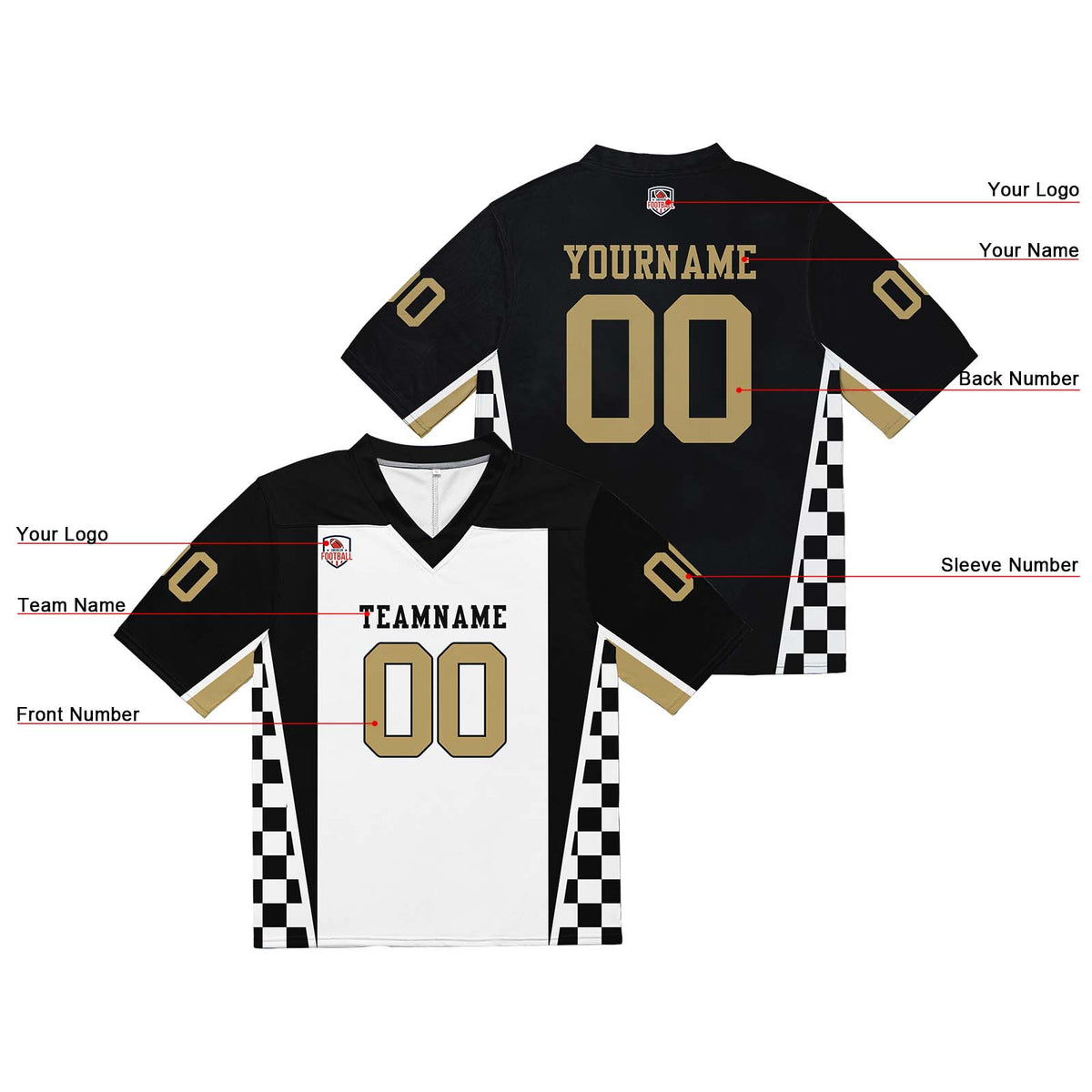Camiseta de fútbol personalizada con nombre y número del equipo bordados y estampados en blanco y negro