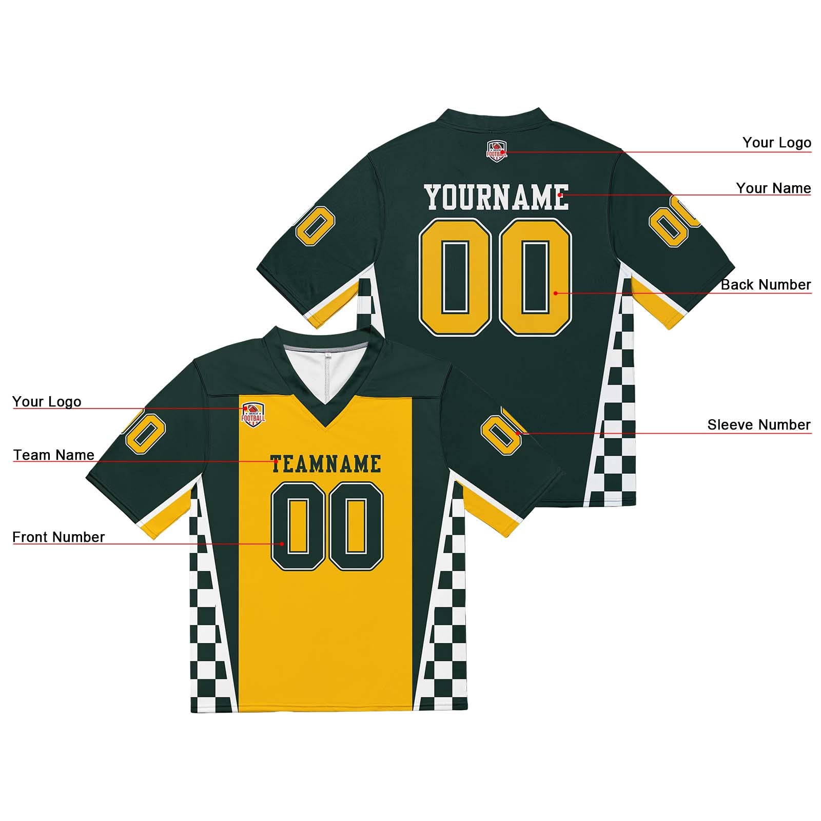 Camiseta de fútbol personalizada con nombre y número del equipo bordados-color verde y amarillo