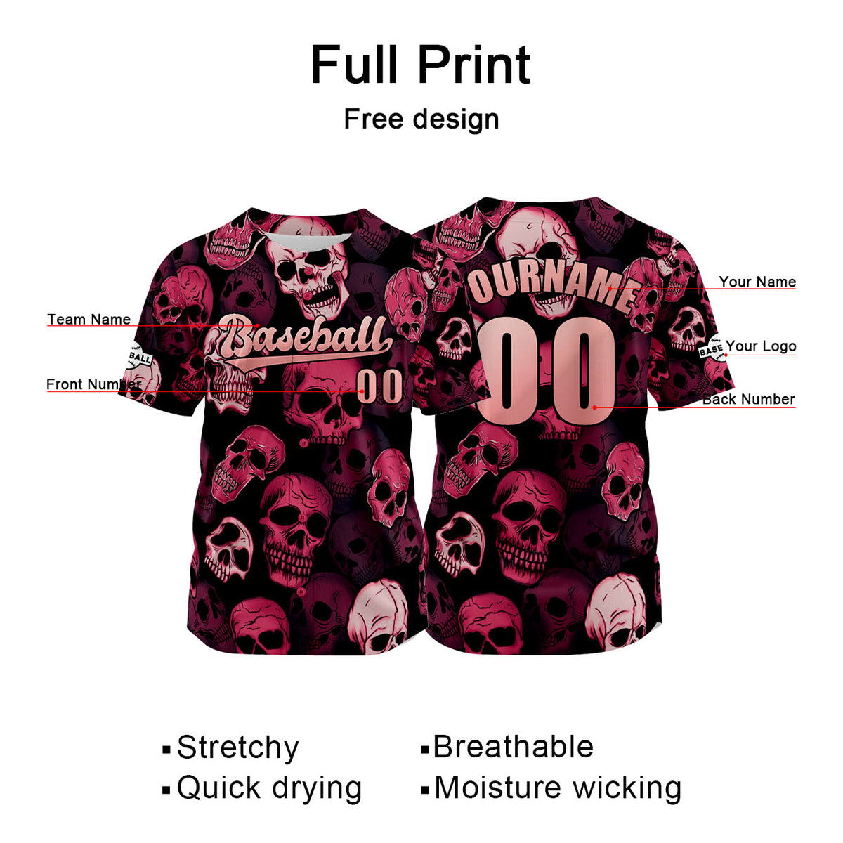 Camiseta de béisbol rosa personalizada con nombre número y logotipo personalizados