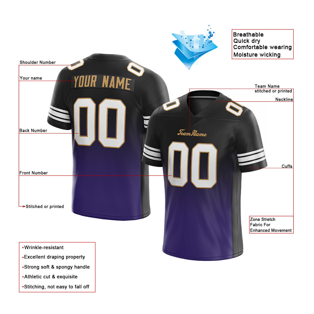custom authentic gradient fashion football jersey purple-black-gold mesh