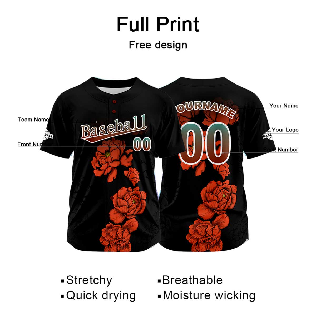 Camiseta de béisbol negra personalizada con nombre número y logotipo personalizados