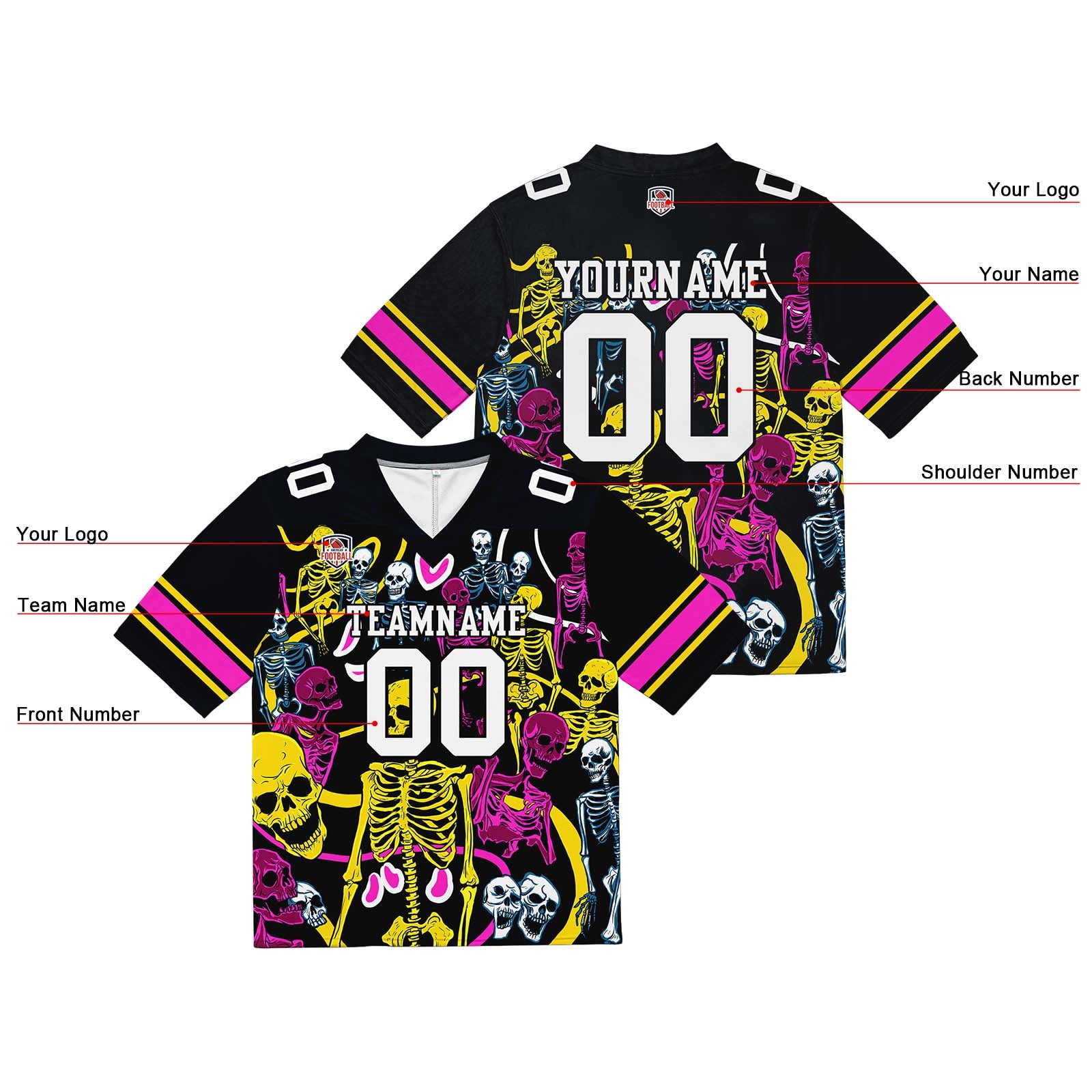 Camiseta de fútbol personalizada con nombre y número del equipo bordados e impresos (Esqueleto Amarillo)