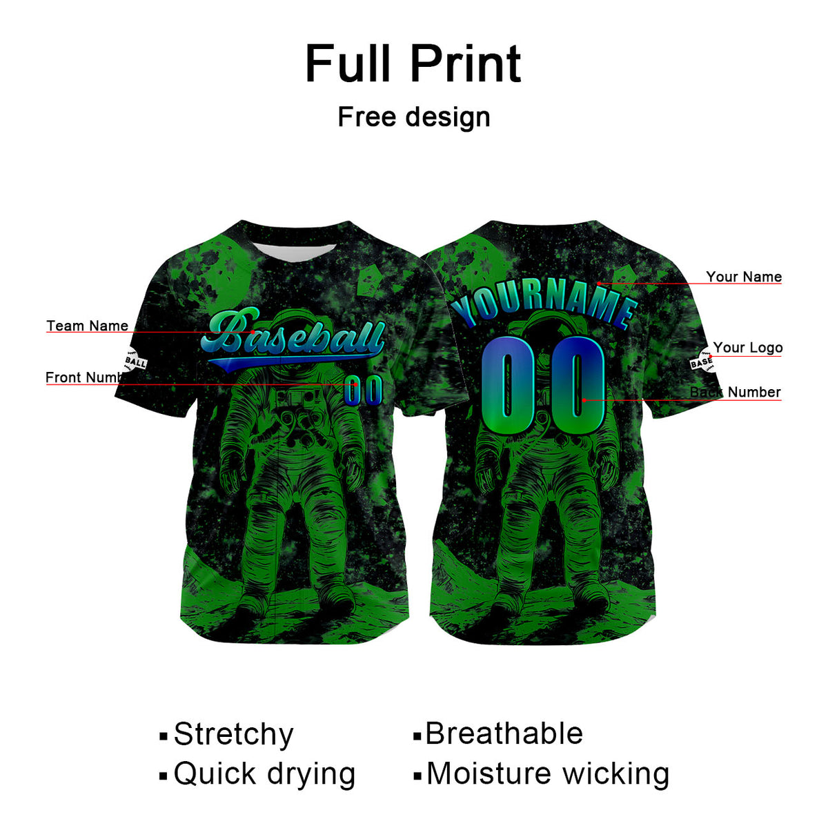 Camiseta de béisbol verde personalizada con nombre número y logotipo personalizados