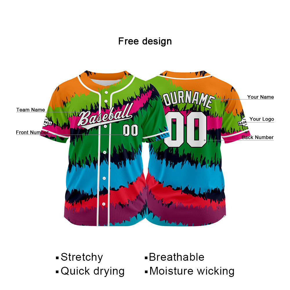 Dise?o personalizado de camiseta de béisbol con estampado completo en rojo verde y naranja