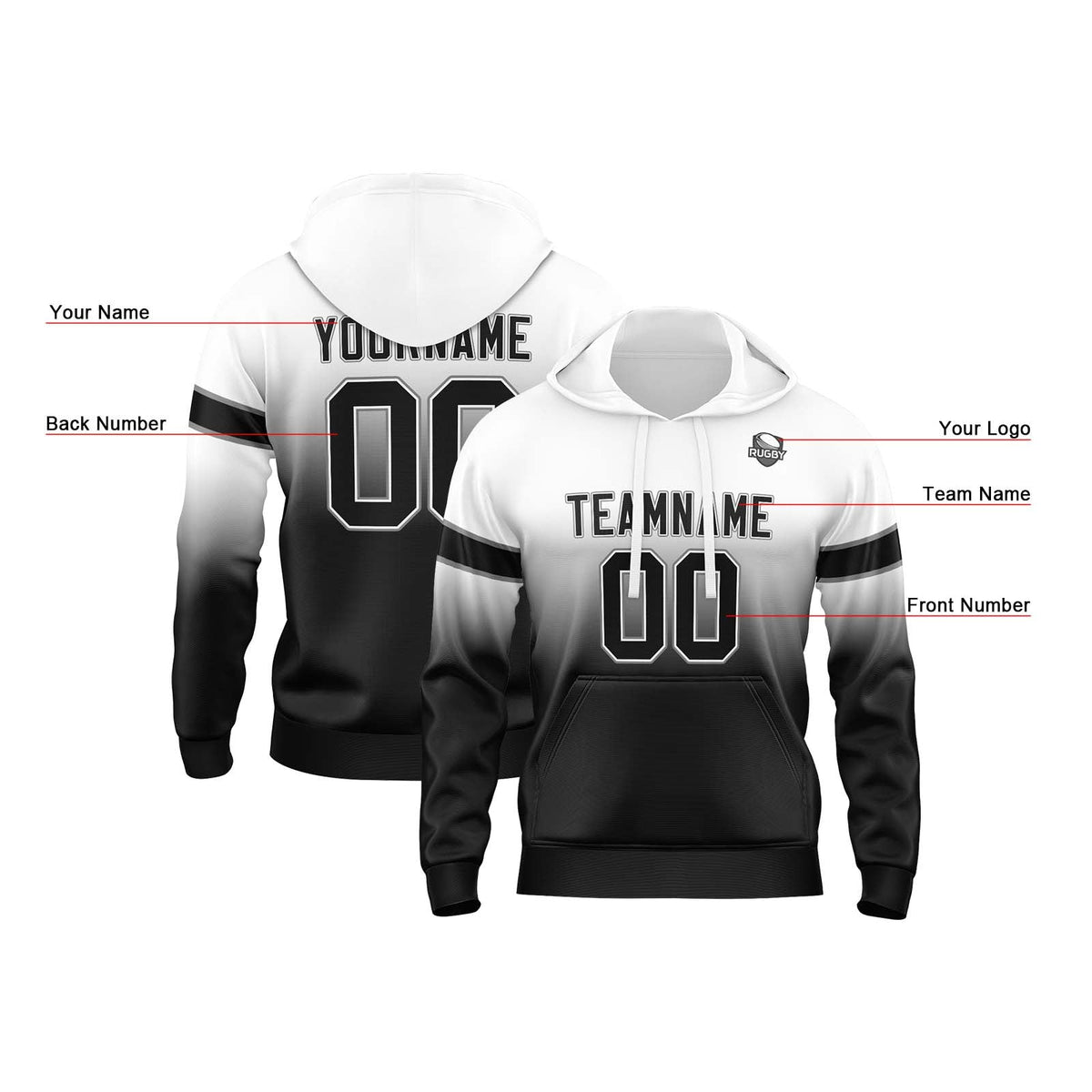 Sudadera con capucha personalizada con degradado para hombre-mujer-niña o niño Estampa tu logotipo-nombre o número en blanco y negro