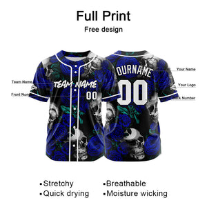 Camiseta de béisbol personalizada para hombres mujeres ni?os y jóvenes equipos con bordados y estampado de calaveras rosas y azul marino