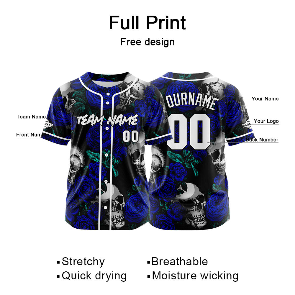 Camiseta de béisbol personalizada para hombres mujeres ni?os y jóvenes equipos con bordados y estampado de calaveras rosas y azul marino