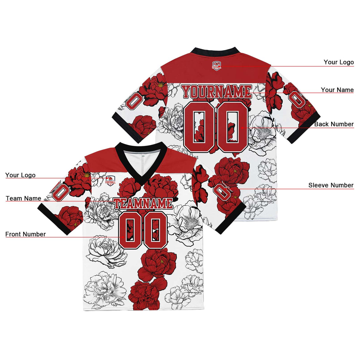Camiseta de fútbol personalizada con nombre y número del equipo bordados-color blanco y rojo