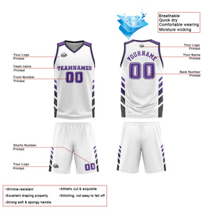 Uniforme de baloncesto personalizado blanco y morado con tu logotipo-nombre y número impresos