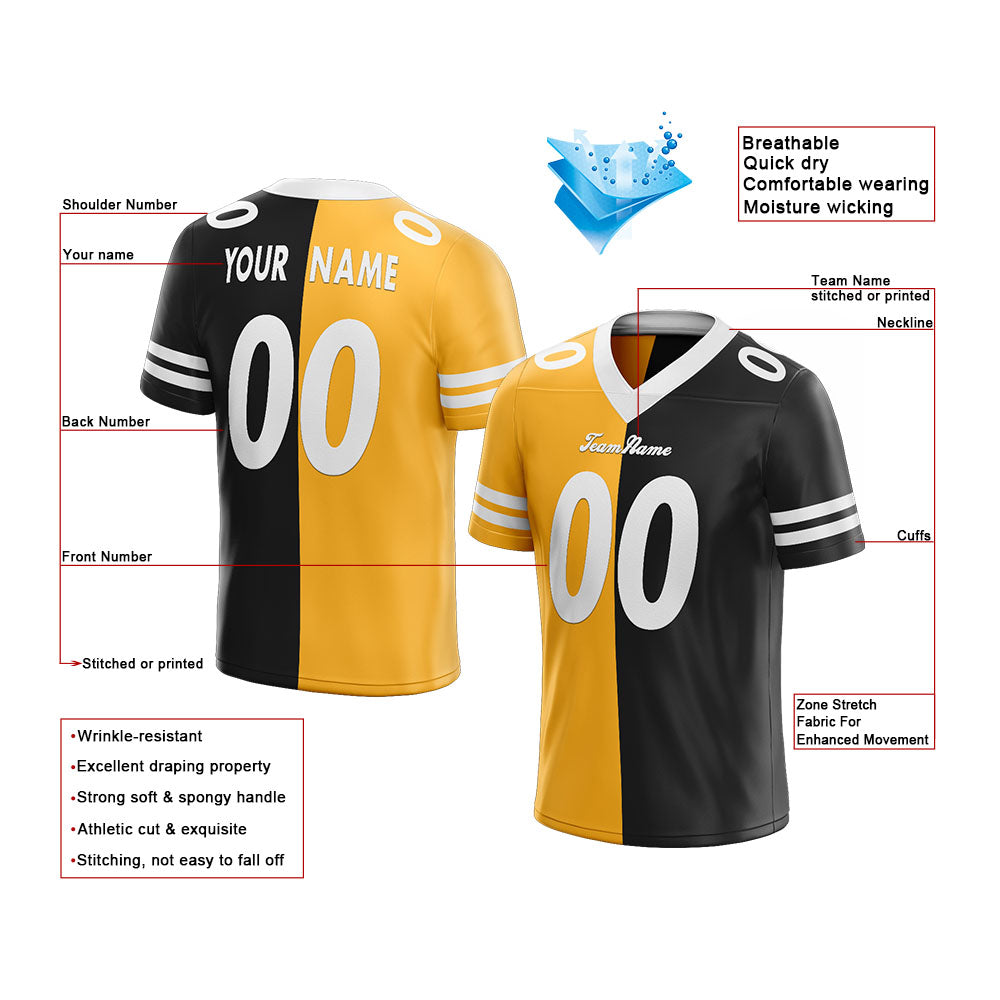 custom authentic split fashion football jersey black-white-yellow