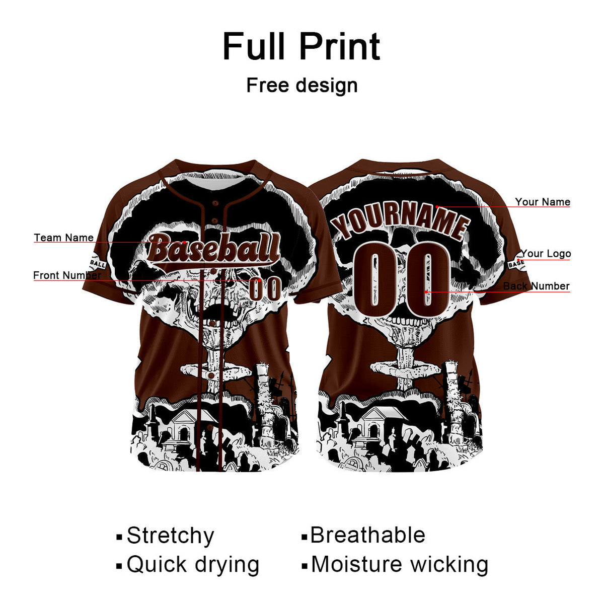Camiseta de béisbol marrón personalizada con nombre número y logotipo personalizados