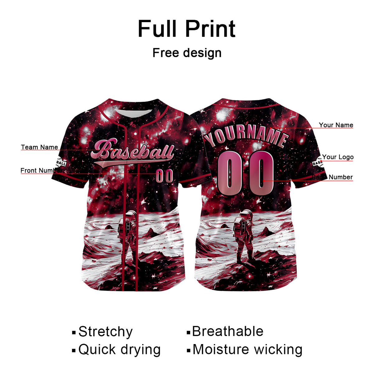 Camiseta de béisbol roja personalizada con nombre número y logotipo personalizados