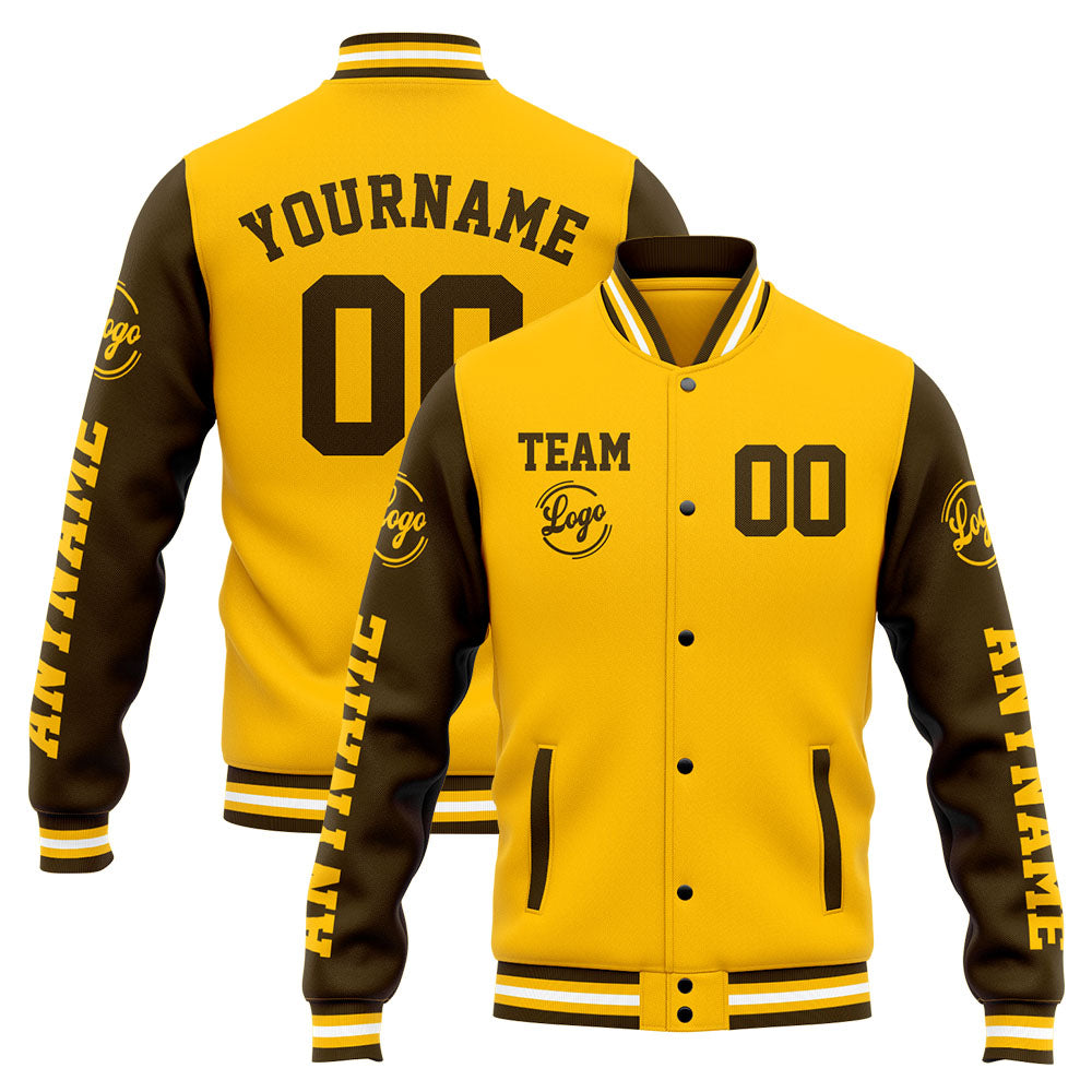 Chaqueta universitaria personalizada estilo Letterman para hombres-mujeres y jóvenes-color marrón y amarillo