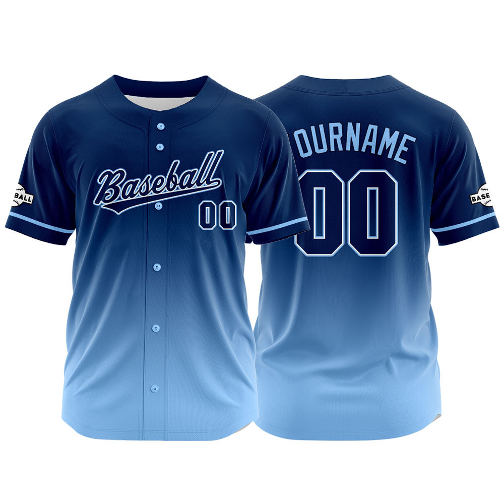 Camiseta de béisbol con dise?o personalizado estampado completo azul claro-azul marino