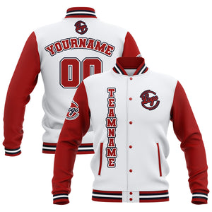 Chaquetas universitarias impermeables personalizadas en blanco-rojo y azul marino con nombre-número y logotipo bordados