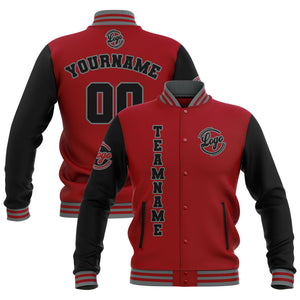 Chaquetas universitarias impermeables personalizadas en negro-rojo y gris con nombre-número y logotipo bordados