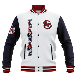 Chaquetas universitarias impermeables personalizadas en blanco-azul marino y rojo con nombre-número y logotipo bordados a medida