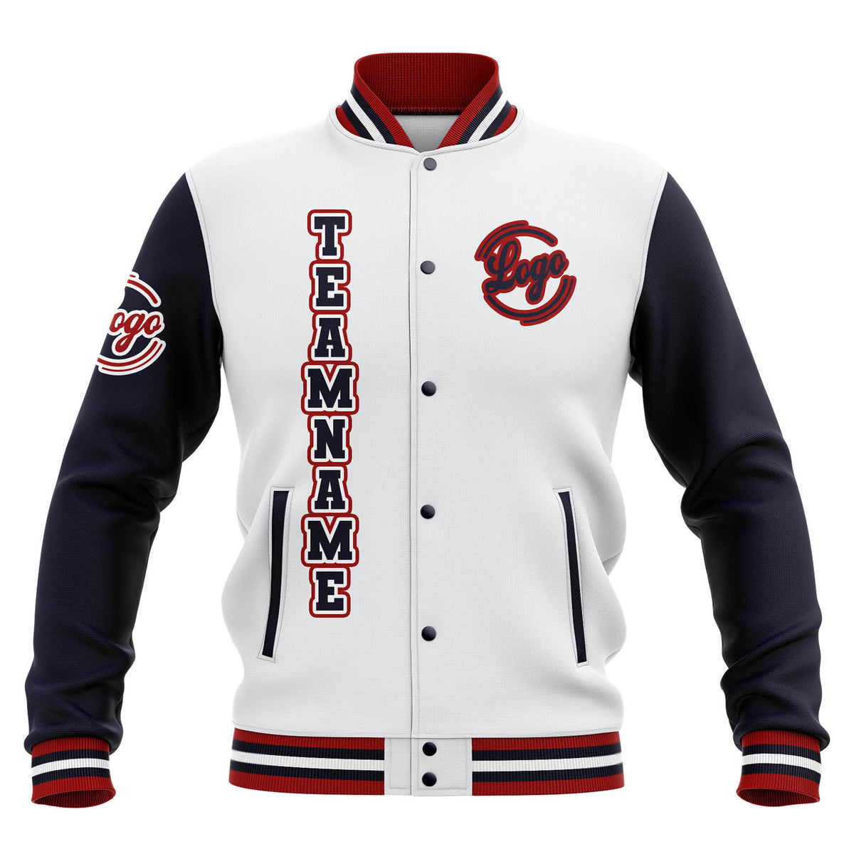 Chaquetas universitarias impermeables personalizadas en blanco-azul marino y rojo con nombre-número y logotipo bordados a medida