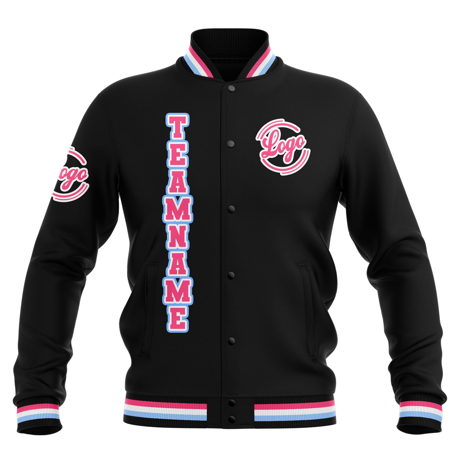 Chaquetas universitarias impermeables personalizadas en negro-rosa y azul claro con nombre-número y logotipo bordados