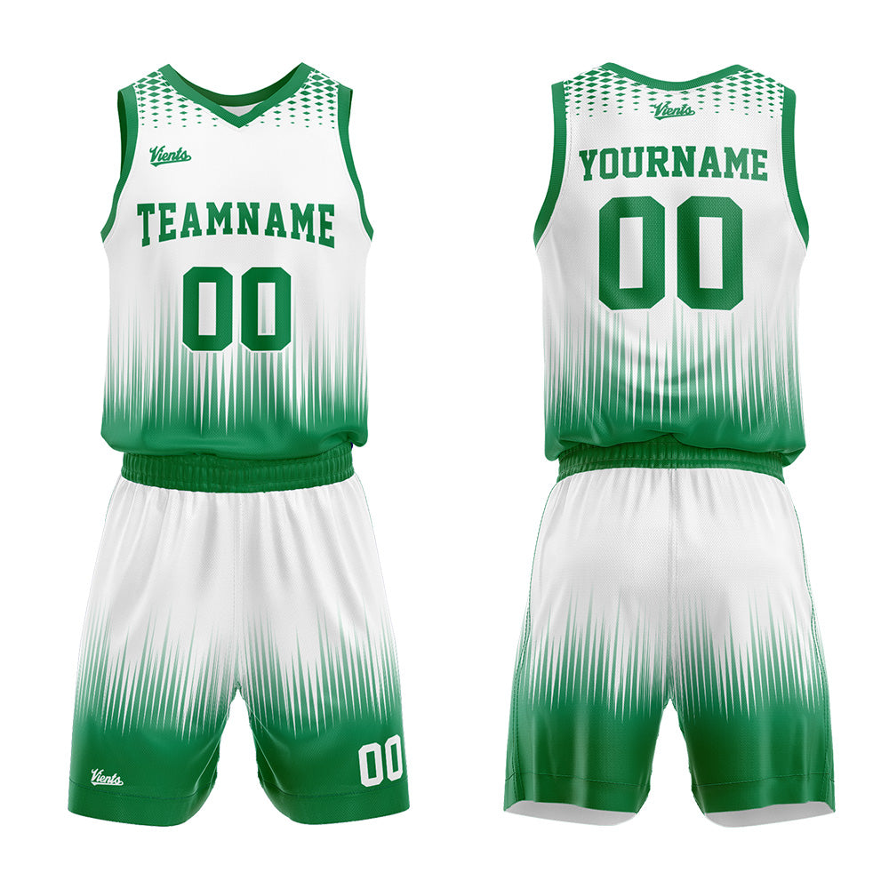 Uniforme de baloncesto personalizado blanco y verde con tu logotipo-nombre y número impresos