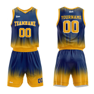 Uniforme de baloncesto personalizado azul marino y amarillo con tu logotipo-nombre y número impresos