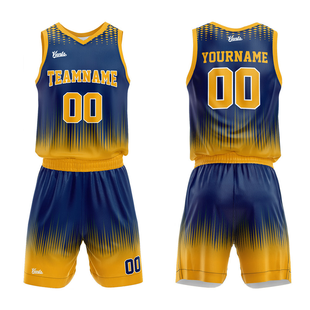 Uniforme de baloncesto personalizado azul marino y amarillo con tu logotipo-nombre y número impresos