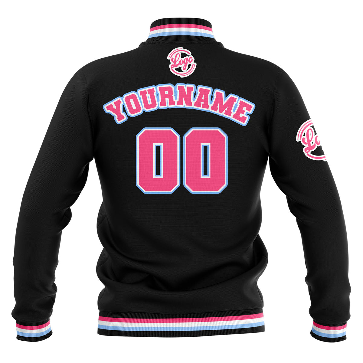 Chaquetas universitarias impermeables personalizadas en negro-rosa y azul claro con nombre-número y logotipo bordados