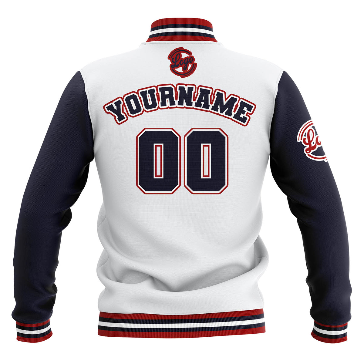 Chaquetas universitarias impermeables personalizadas en blanco-azul marino y rojo con nombre-número y logotipo bordados a medida
