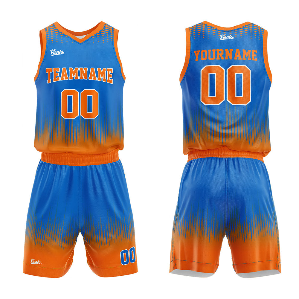 Uniforme de baloncesto personalizado azul y naranja con tu logotipo-nombre y número impresos
