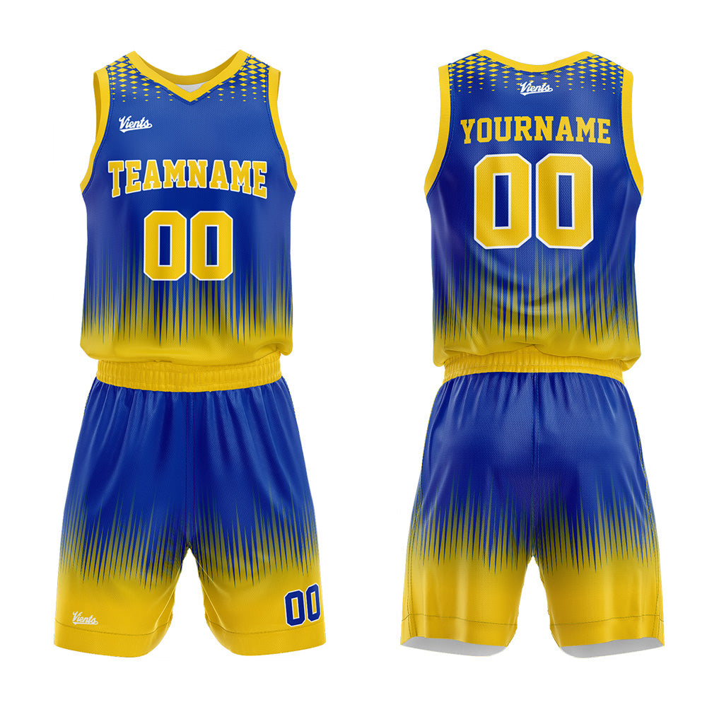 Uniforme de baloncesto personalizado color amarillo real con su logotipo-nombre y número impresos
