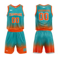 Uniforme de baloncesto personalizado color verde azulado y naranja con tu logotipo-nombre y número impresos