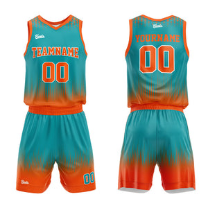 Uniforme de baloncesto personalizado color verde azulado y naranja con tu logotipo-nombre y número impresos